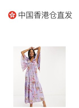 香港直邮潮奢 ASOS 女士设计缎面蝴蝶袖V领层叠下摆淡紫色佩斯利