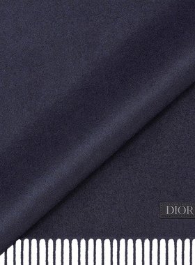 DIOR/迪奥23新款 男女通用海军蓝色羊绒灰色徽标贴片流苏围巾