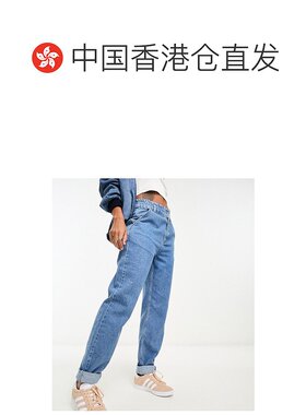 香港直邮潮奢 ASOS 女士paper bag mom 设计束腰中长蓝色牛仔裤