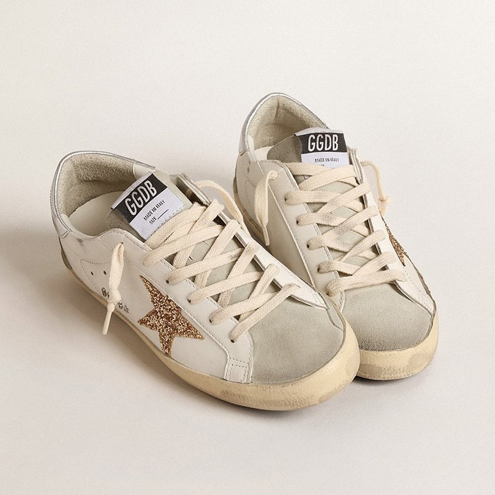 GOLDEN GOOSE 23年新款 女士白色皮革金色亮片星星小脏鞋 - 图0