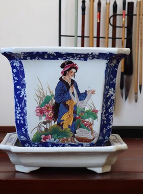 景德镇陶瓷四方中式花盆带托盘