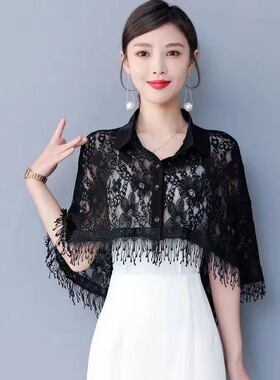 蕾丝披肩小开衫女时尚翻领斗篷外搭配裙子旗袍薄外套流苏上衣