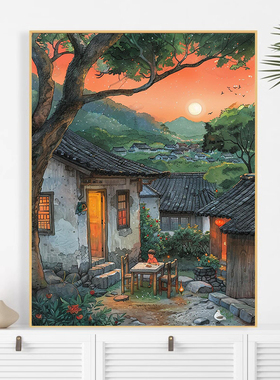 仲夏晚霞的老屋diy数字油画手工填充怀旧风景丙烯解压油彩画装饰