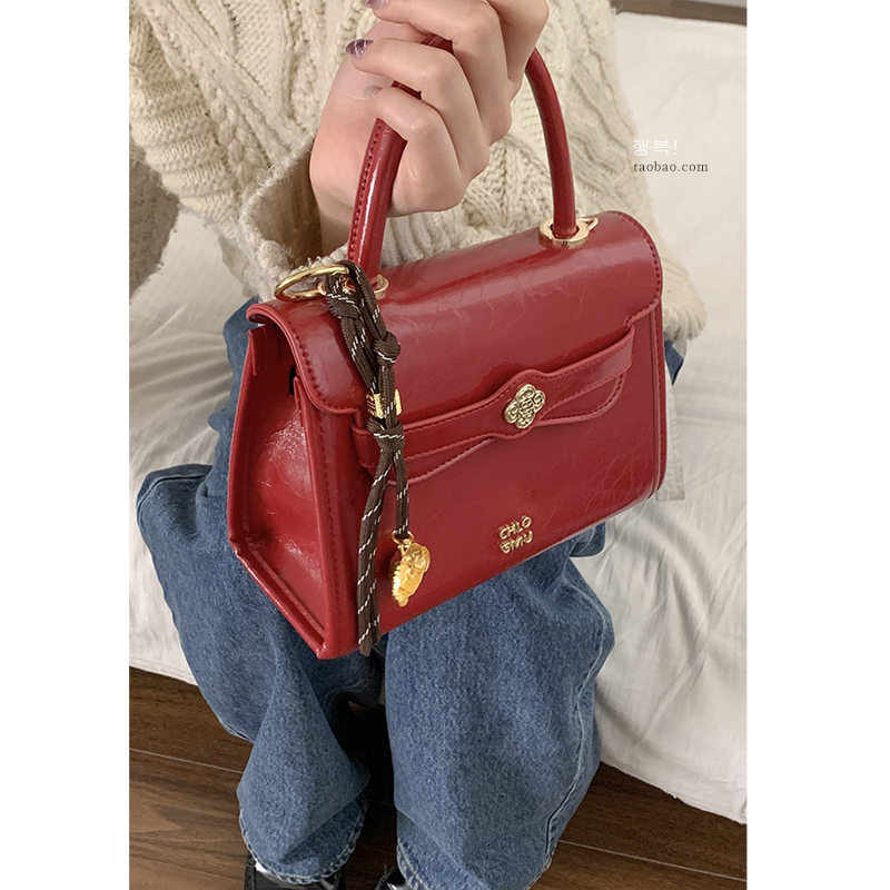 韩国手提红色新年包女包包2024新款潮时尚小方包百搭多功能斜挎包 - 图0