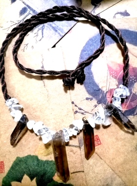 吉祥珠宝 天然茶水晶晶柱白水晶繁花原石蜡绳吊坠蜡绳手作项链