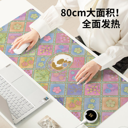 新中式油画宫廷风加热鼠标垫子女生冬季取暖防冻手办公室工位桌面垫高颜值电热恒温防水左侧开关电脑键盘垫 - 图3