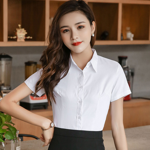2026新款白衬衫女长袖短袖春夏秋工作服正装职业V领蓝色女装衬衣 - 图2