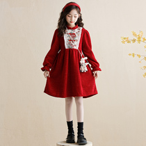 Girl Red Dress Code Dresses Autumn Winter 2023 New Years money CUHK Childrens China Wind skirts Winter girl princess dress