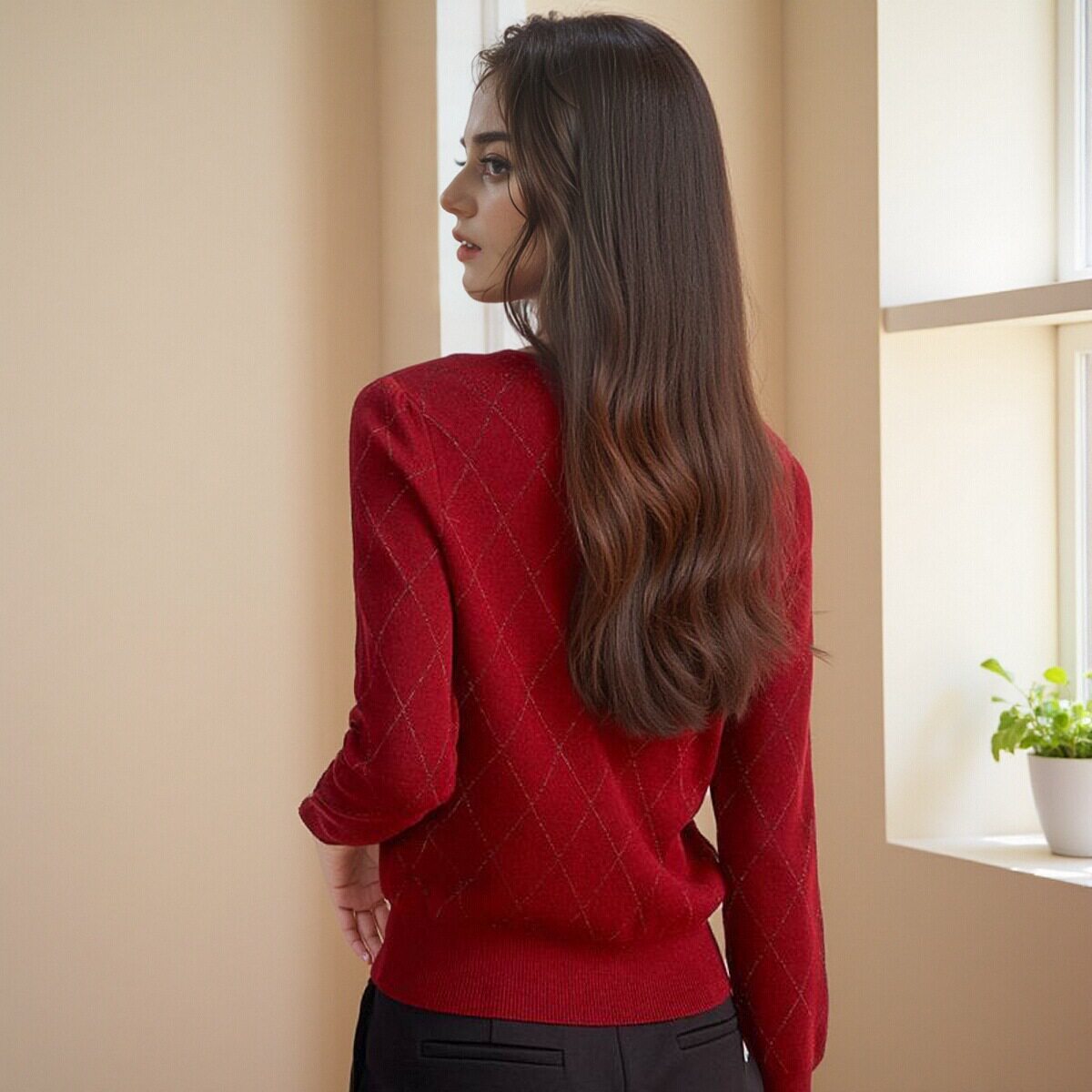 商场同款女装2024秋季新款红色订珠v领单排扣通勤百搭针织衫上衣