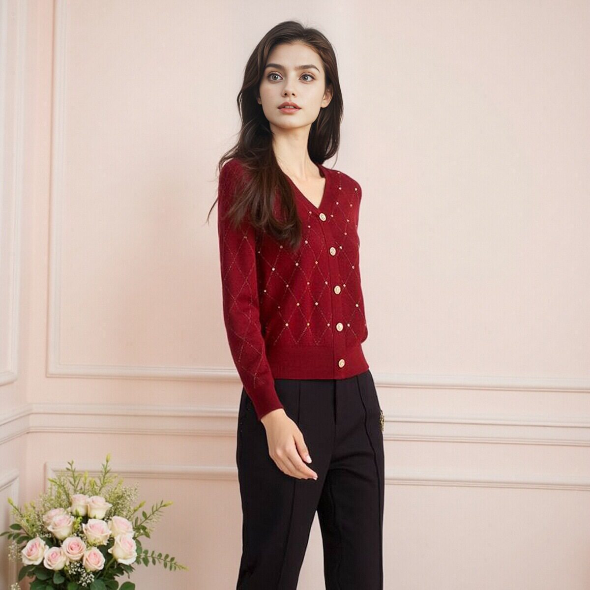 商场同款女装2024秋季新款红色订珠v领单排扣通勤百搭针织衫上衣