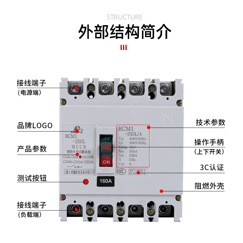 上海人民塑壳断路器CNM1 NM1-100A160A250A400A630A空气开关M1 4P - 图0