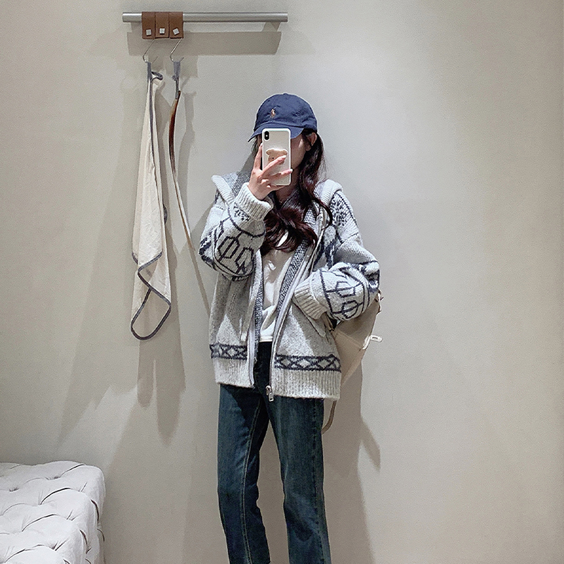 费尔岛重工灰色连帽毛衣外套女秋冬慵懒宽松加厚针织拉链开衫上衣 - 图3