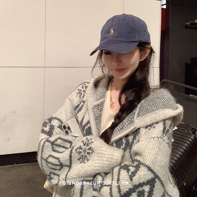 费尔岛重工灰色连帽毛衣外套女秋冬慵懒宽松加厚针织拉链开衫上衣 - 图1