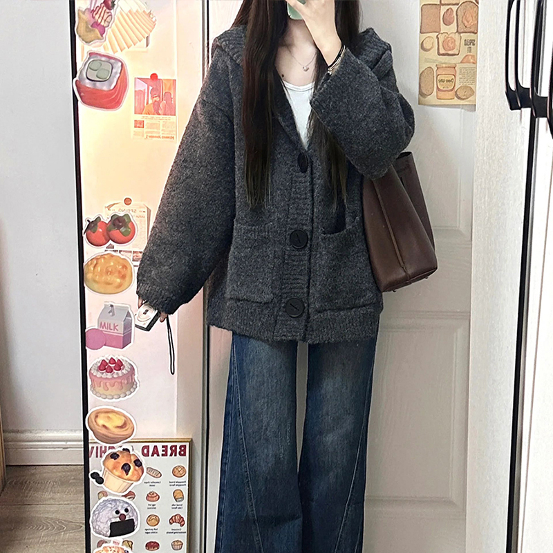 韩系灰色中长款连帽毛衣外套女秋冬慵懒宽松软糯针织开衫上衣加厚 - 图2