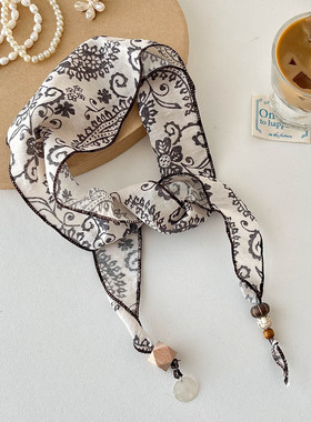 咖色腰花果丝巾项链女设计感配饰简约气质丝带项链三角巾头巾