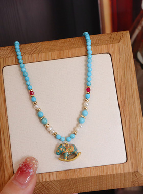 新中式小众设计复古红纹石菱镁矿优化绿松石淡水珍珠项链锁骨链