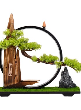 优选新中式迎客松倒流香摆件创意发B光底座LED灯圈手办展示架客厅