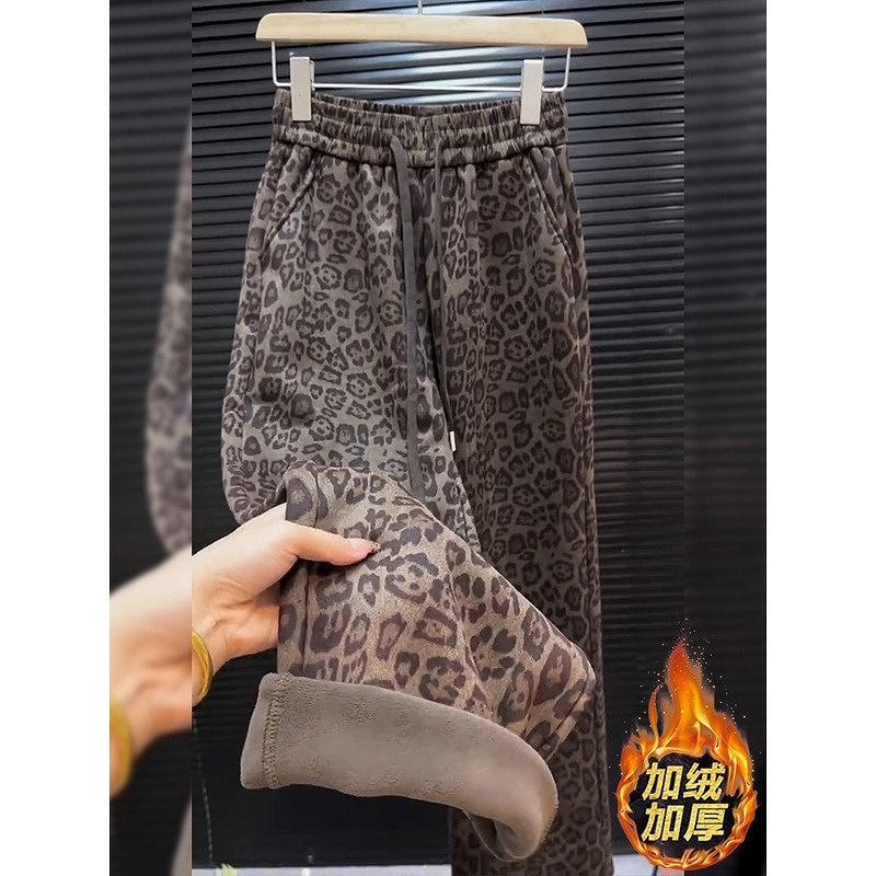 韩版大码加绒加厚豹纹休闲裤女冬新款梨形身材高腰显瘦直筒阔腿裤,淘宝优惠券,粉丝福利购,淘宝优惠卷