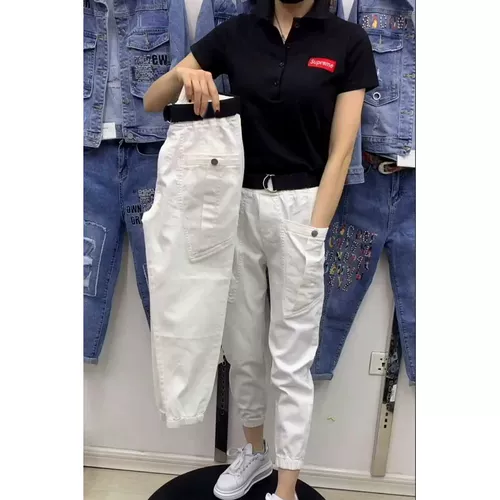 Белые штаны, приталенные джинсы-шаровары, свободный крой, высокая талия