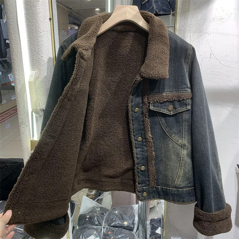 欧货加绒牛仔外套女2024秋冬季新款港风短款上衣毛毛内里派克服潮,淘宝优惠券,粉丝福利购,淘宝优惠卷