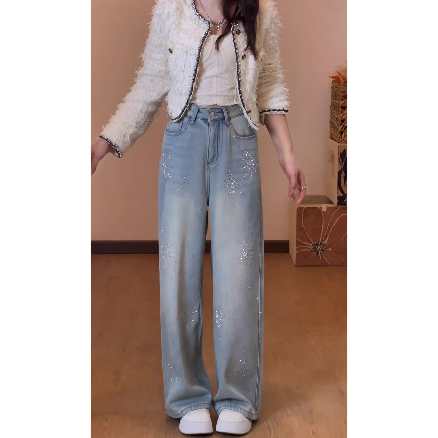 蓝色烫钻加绒窄版阔腿牛仔裤女春季烟花闪钻高腰宽松显瘦直筒裤子,淘宝优惠券,粉丝福利购,淘宝优惠卷