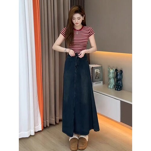辣妹风复古时尚套装女2025夏季新款条纹短袖上衣牛仔半身裙两件套 - 图3