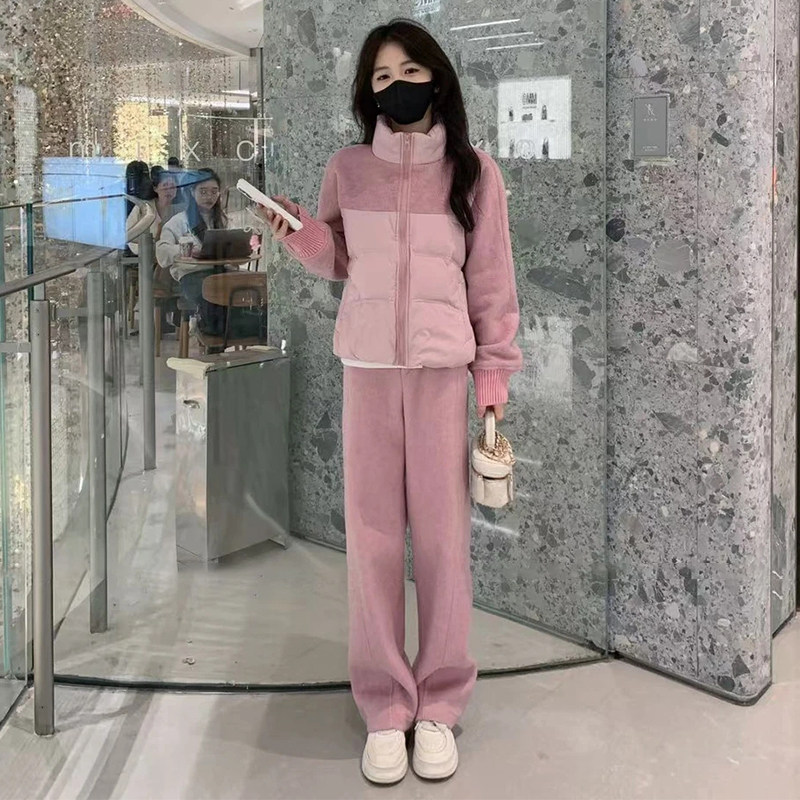 2024秋冬季新款洋气毛呢休闲运动套装女拼接羽绒外套阔腿裤两件套,淘宝优惠券,粉丝福利购,淘宝优惠卷