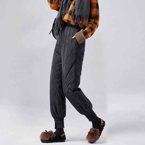 Элитные модные бархатные утепленные зимние штаны с пухом, коллекция 2022, свободный крой, высокая талия, утиный пух