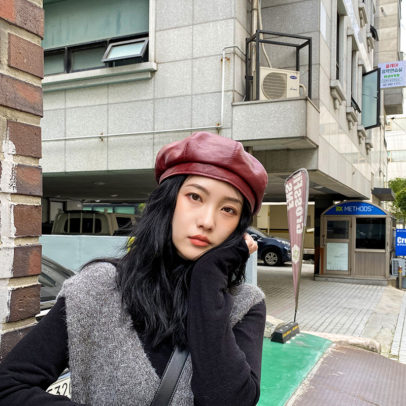心秀嘉派专卖店ins网红款八角贝雷帽pu皮质英伦日系画家帽子女秋冬天韩版潮百搭2