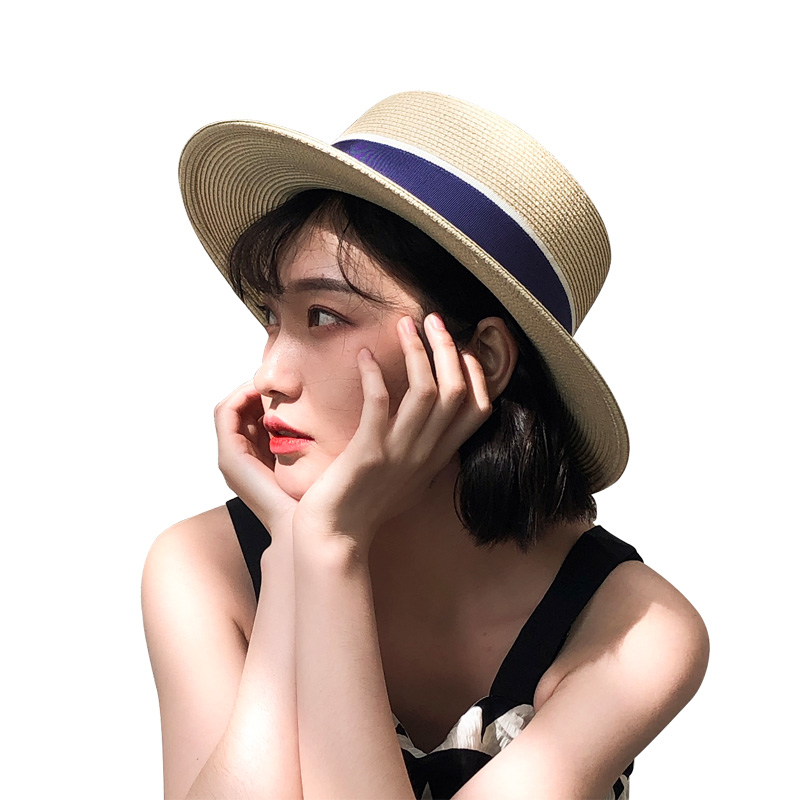 心秀嘉派专卖店韩国平顶休闲沙滩草帽女春夏季遮阳礼帽爵士宽檐出游百搭太阳帽子3