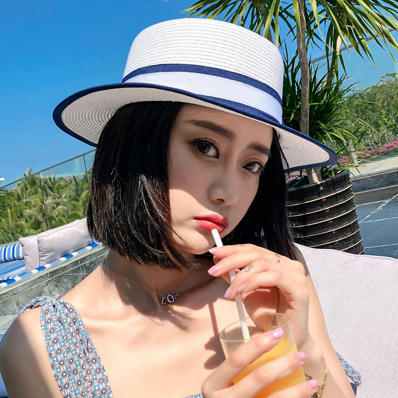 心秀嘉派专卖店帽子女夏天白色平檐小礼帽海边遮阳帽度假草帽英伦韩版百搭沙滩帽0