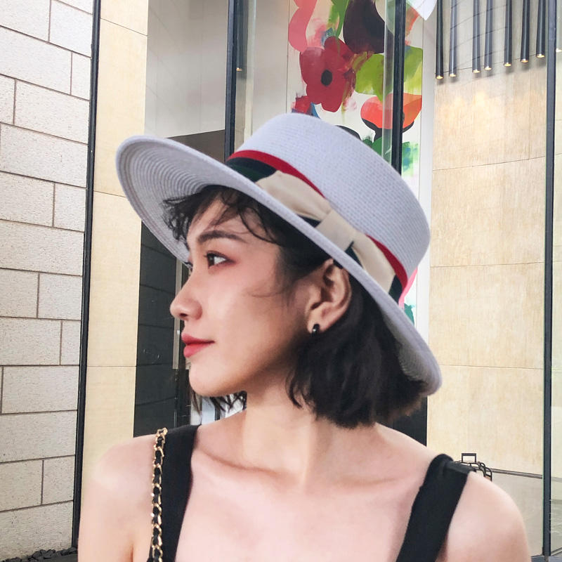 心秀嘉派专卖店夏季英伦黑色小沿平顶帽遮阳防晒小清新草帽女夏天韩版时尚小礼帽0