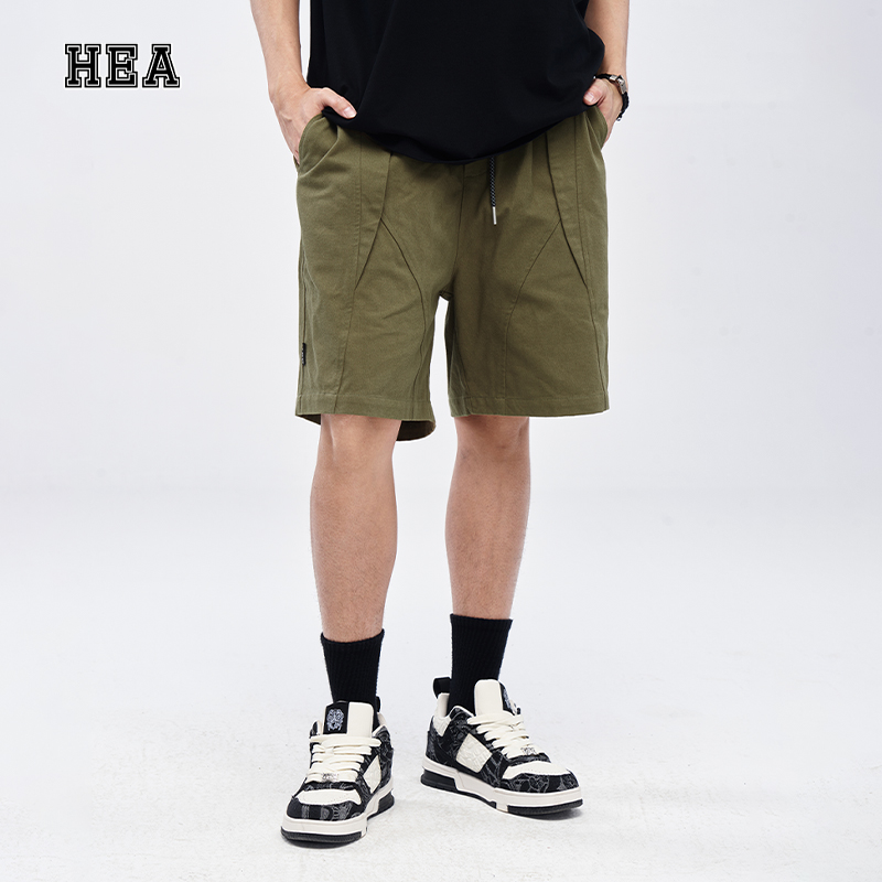 HEA 直筒休闲短裤通勤百搭纯色休闲裤复古棉感拼接运动直筒短裤