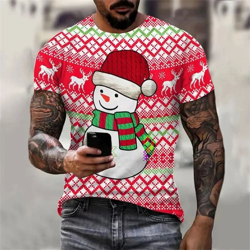 Merry Christmas 3D Printed T Shirt Elk Snowman Graphic T Sh-图1