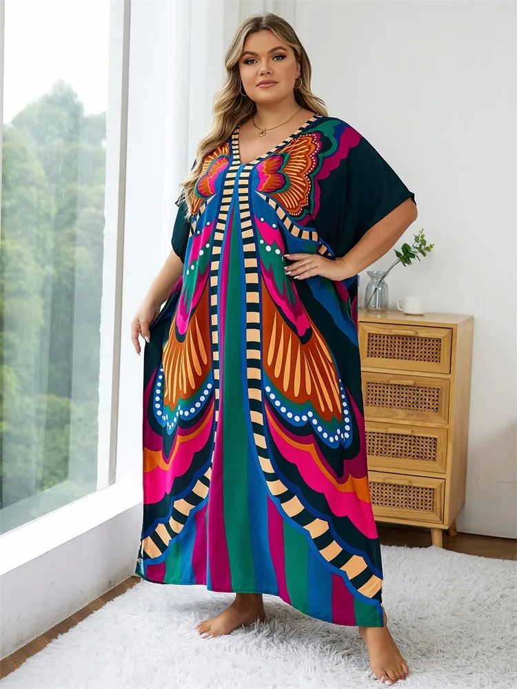 2024 Summer New Plus Size Causal Batwing Sleeve Kaftan Maxi-图2