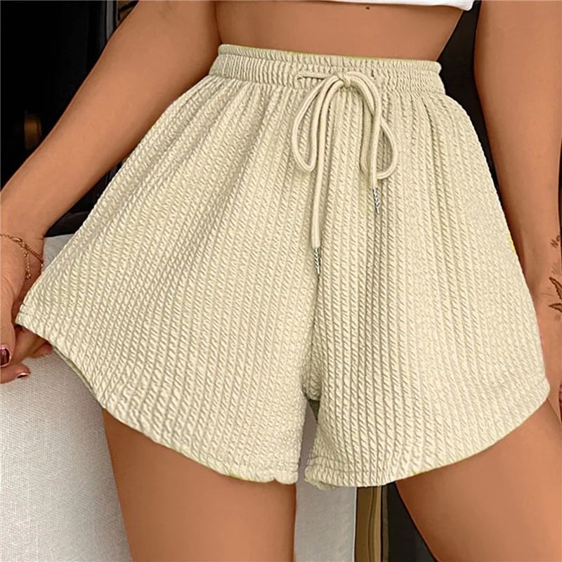 Women Shorts Summer High Elastic Lace Up Drawstring Wide Leg - 图1