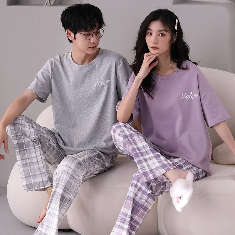 Cotton Short Sleeping Tops& Long pant Sleepwear For Couples-图1