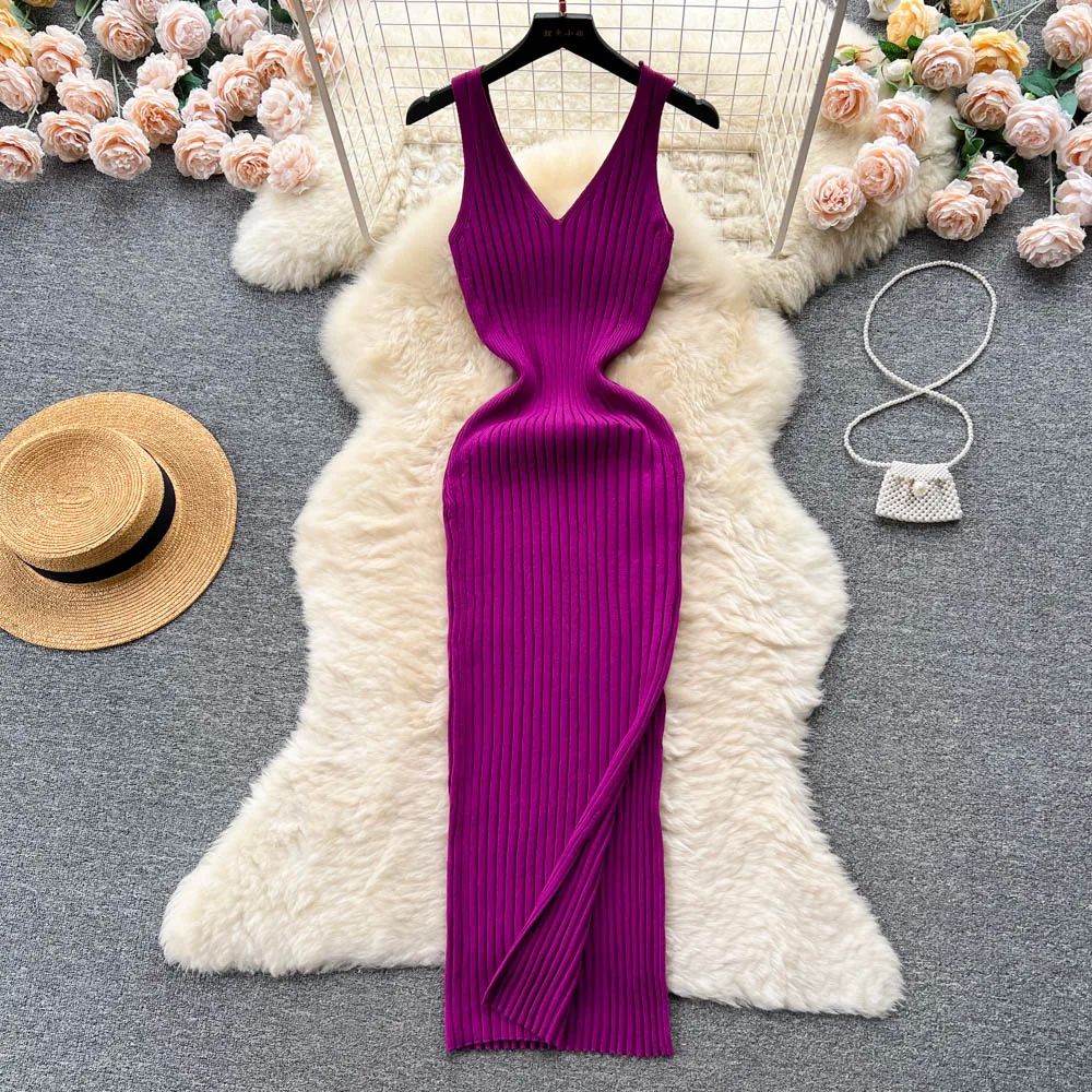 YuooMuoo Women Dress Sexy V-neck Slim Elastic Ribbed Knitted - 图1