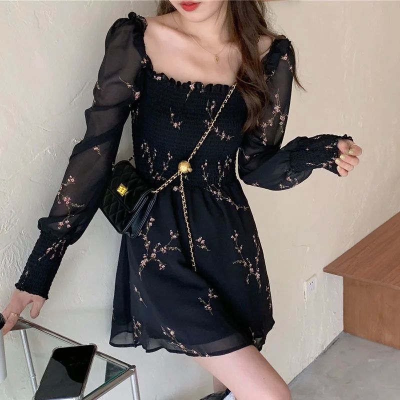 Women Sexy Black Chiffon Dress Spring Vintage Flower Long Pu - 图1