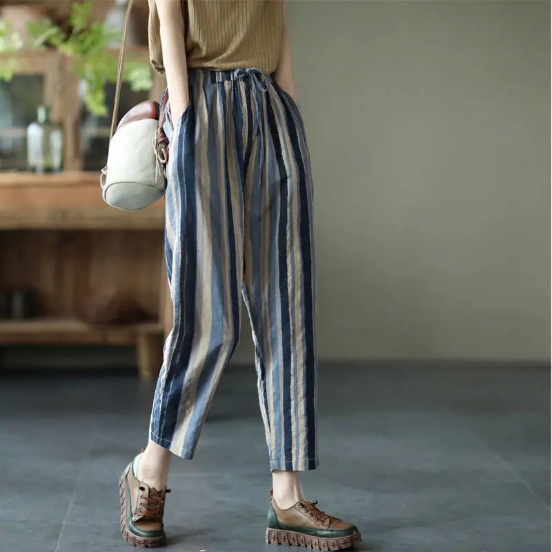 Vintage All-match Elastic Waist Striped Cropped Pants Female - 图2