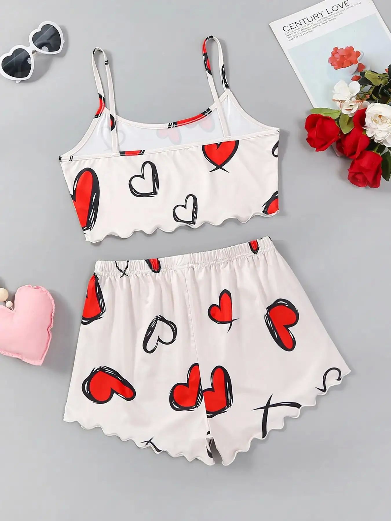 New Women's Pajamas Sexy Heart Print Sling Sleepwear Set  V- - 图3