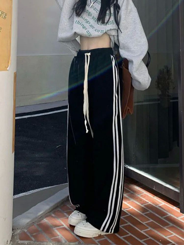 Zoki Black Striped Sweatpants Women Preppy Style High Waist - 图1