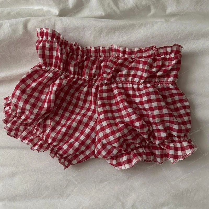 90s Vintage Cottage Plaid Shorts Elastic Slim Fit Bloomers P - 图3