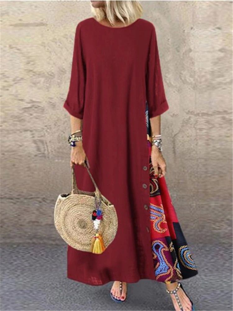 Women Vintage Print Patchwork Maxi Dress Boho 3/4 Sleeve Ove - 图0