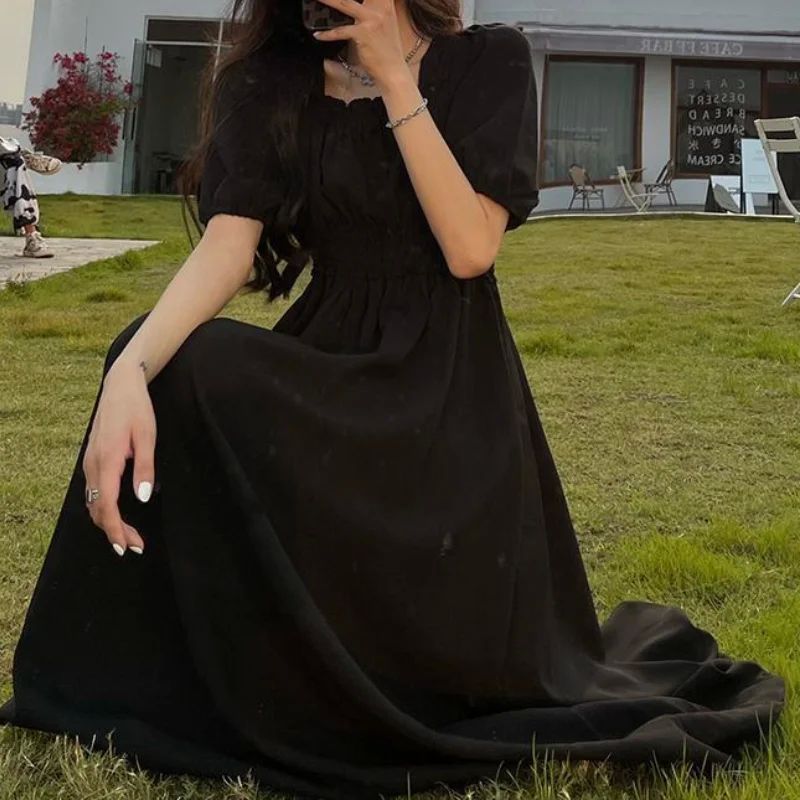 HOUZHOU Black Vintage Midi Dress Elegant Women Dresses Squar-图2