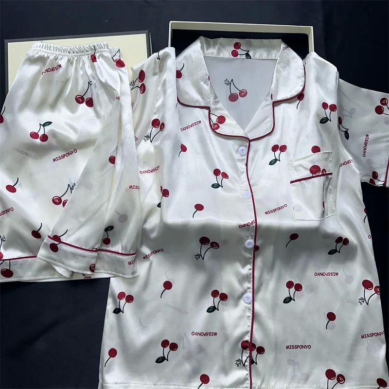 Cherries Print Two Pieces Pajamas Set Summer Faux Stain Paja - 图0