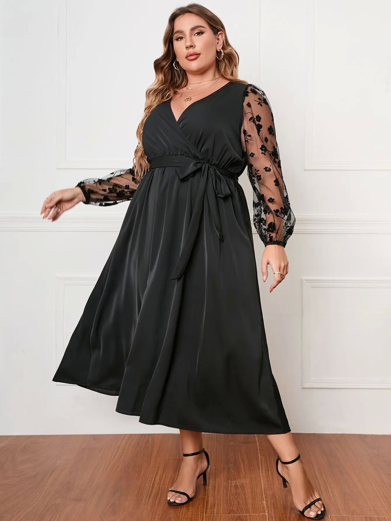 Plus Size Women Dress Ruched V Neck Floral Mesh Splicing Lon - 图1