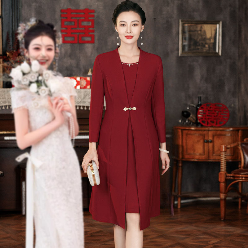 高端新中式喜婆婆婚宴秋冬装喜庆外套大衣结婚妈妈礼服旗袍套装裙