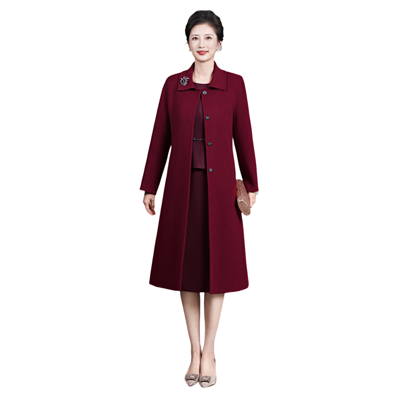 高端喜婆婆婚宴冬装结婚妈妈礼服中长款喜庆羊毛双面呢大衣外套厚
