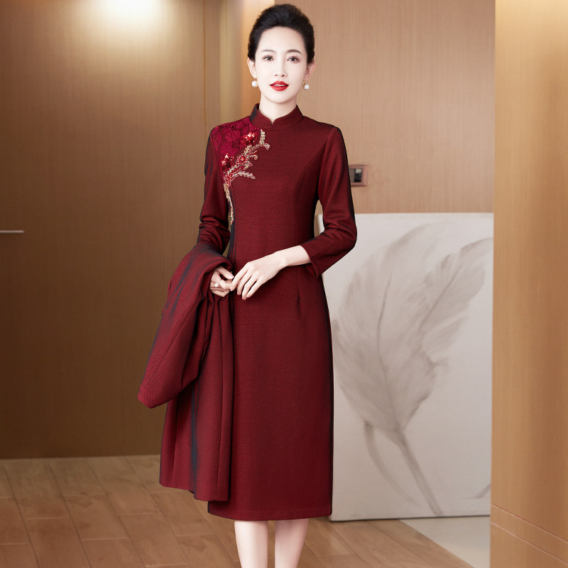 秋冬高端喜婆婆婚宴装中长款外套大衣旗袍婚礼妈妈礼服套装连衣裙